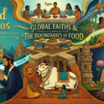 Stylized illustration representing food taboos in world religions for ABN NEWS, showing dietary boundaries like the sacred cow, pork avoidance, and global faith traditions.