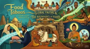 Stylized illustration representing food taboos in world religions for ABN NEWS, showing dietary boundaries like the sacred cow, pork avoidance, and global faith traditions.