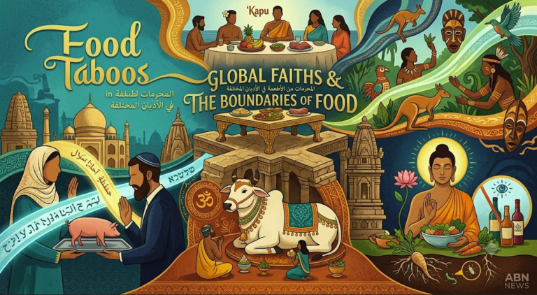Stylized illustration representing food taboos in world religions for ABN NEWS, showing dietary boundaries like the sacred cow, pork avoidance, and global faith traditions.