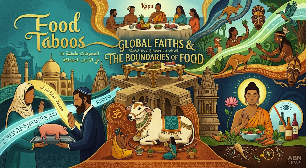 Stylized illustration representing food taboos in world religions for ABN NEWS, showing dietary boundaries like the sacred cow, pork avoidance, and global faith traditions.