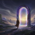 A conceptual digital painting of a person walking towards a glowing cosmic portal, symbolizing life after death and the soul's journey in world religions.