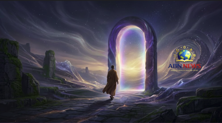 A conceptual digital painting of a person walking towards a glowing cosmic portal, symbolizing life after death and the soul's journey in world religions.