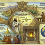 Infographic showing the oldest religions in the world still practiced today including Hinduism, Judaism, Zoroastrianism, and Buddhism with historical timelines and ABN NEWS logo.