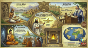 Infographic showing the oldest religions in the world still practiced today including Hinduism, Judaism, Zoroastrianism, and Buddhism with historical timelines and ABN NEWS logo.