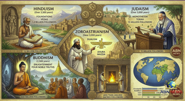 Infographic showing the oldest religions in the world still practiced today including Hinduism, Judaism, Zoroastrianism, and Buddhism with historical timelines and ABN NEWS logo.