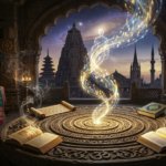 An artistic representation of a soul ascending from open sacred texts, symbolizing the concept of reincarnation across global religions.