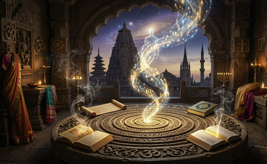 An artistic representation of a soul ascending from open sacred texts, symbolizing the concept of reincarnation across global religions.