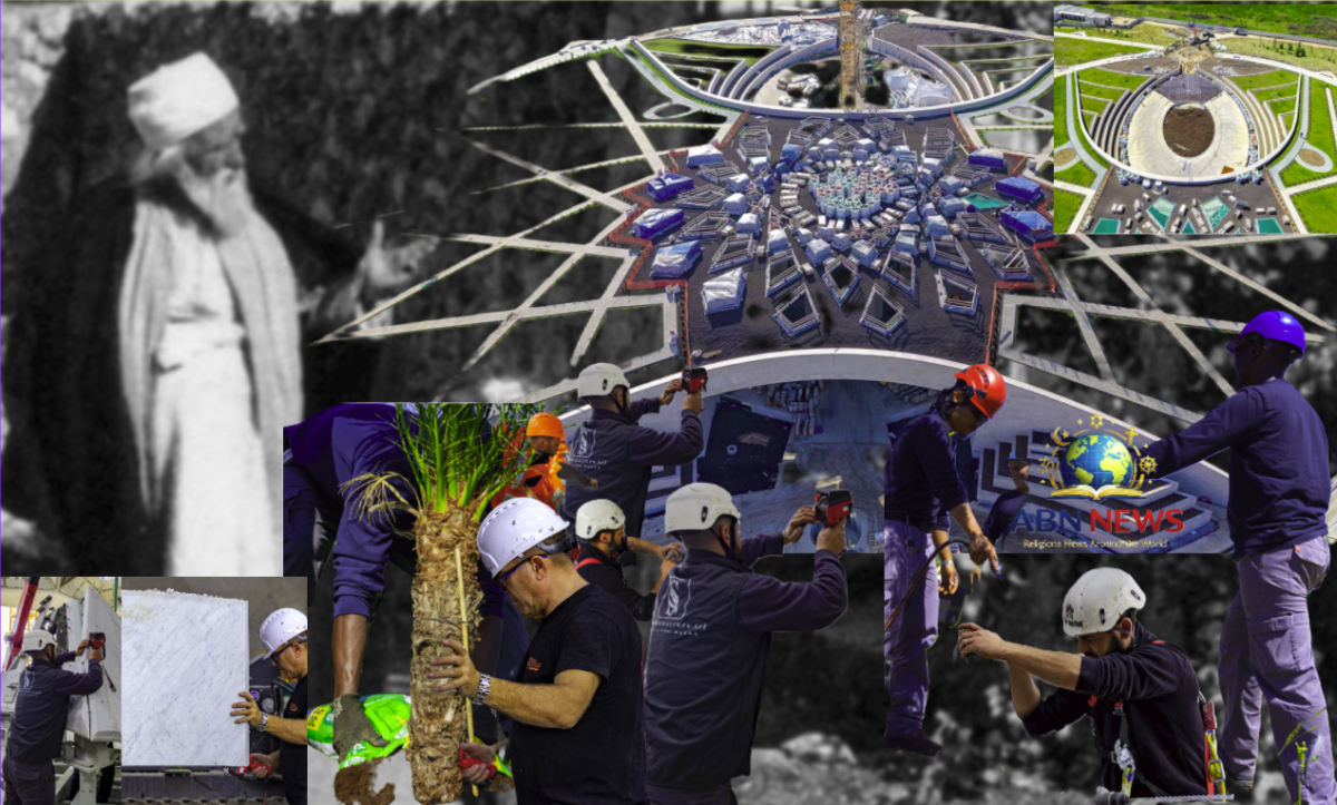 Composite image of the Shrine of 'Abdu'l-Bahá construction milestones, featuring architectural layouts and workers - ABN NEWS