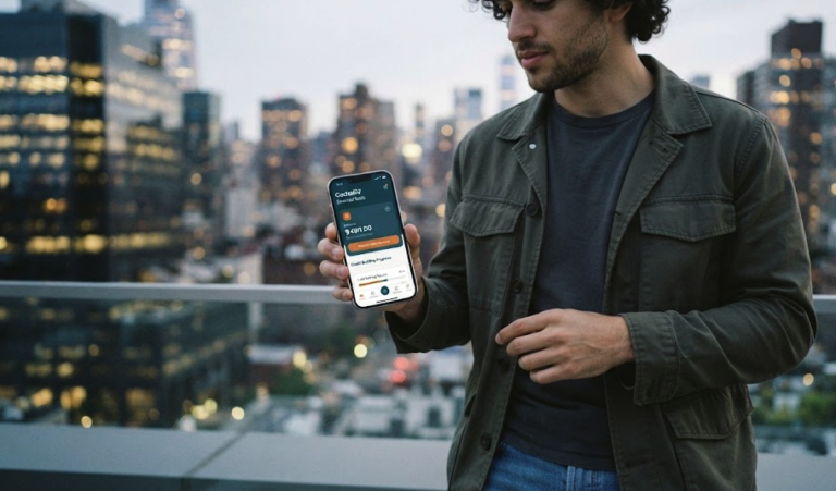 A young US freelancer uses the Cashably financial tools app on his phone with a city skyline in the background.