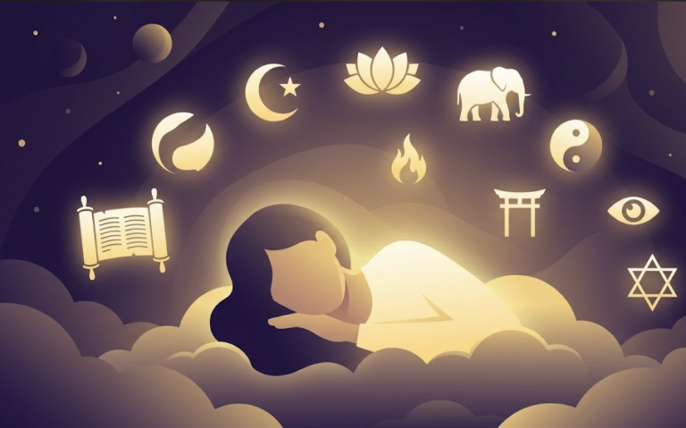 Dream Interpretation in Religion: How 9 Major Faiths Read Sleep 1 Dream interpretation in religion illustration showing symbols from world faiths