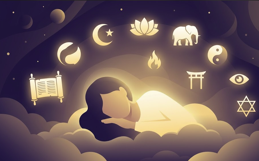 Dream interpretation in religion illustration showing symbols from world faiths