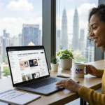 A professional female freelance strategist reviewing her Contra digital portfolio on her laptop, holding an ABN NEWS mug in a modern office with a city skyline background.