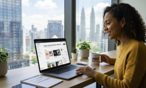 A professional female freelance strategist reviewing her Contra digital portfolio on her laptop, holding an ABN NEWS mug in a modern office with a city skyline background.