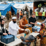 Religious leaders from different faiths working together to provide humanitarian aid to displaced families during a global crisis.