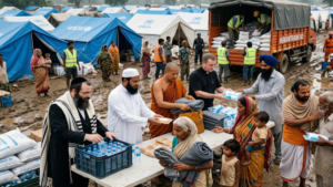 Religious leaders from different faiths working together to provide humanitarian aid to displaced families during a global crisis.