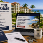 Homeowner exploring timeshare resale options in the United States with documents and a laptop showing a resale eligibility application.