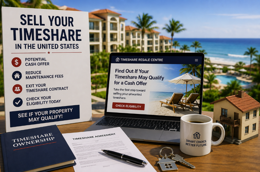 Homeowner exploring timeshare resale options in the United States with documents and a laptop showing a resale eligibility application.