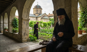 An elderly Orthodox monk holding prayer beads sitting on a bench, illustrating what happens inside closed monasteries.