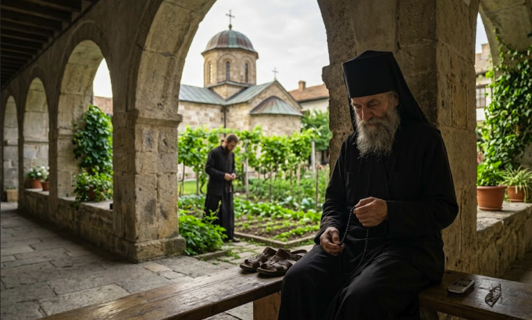 An elderly Orthodox monk holding prayer beads sitting on a bench, illustrating what happens inside closed monasteries.