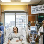 A family looking hopeful next to a recovered patient in a hospital room while doctors review medical data on a tablet.