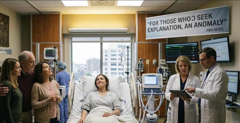 A family looking hopeful next to a recovered patient in a hospital room while doctors review medical data on a tablet.