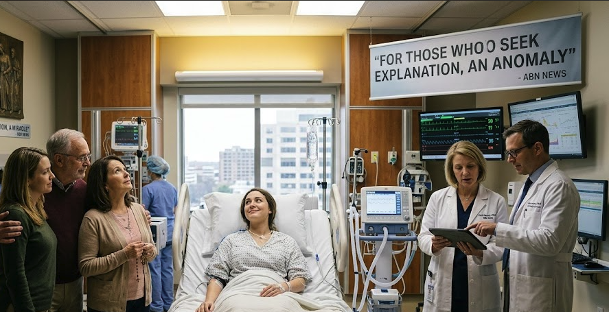 A family looking hopeful next to a recovered patient in a hospital room while doctors review medical data on a tablet.