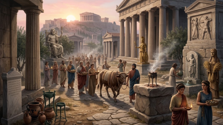 History of Greek Religion in ancient Greece with the Parthenon and Greek gods