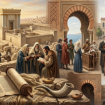 History of Judaism showing Jewish heritage, Torah scroll, menorah and ancient Jerusalem