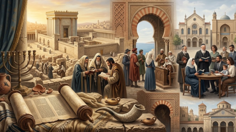 History of Judaism showing Jewish heritage, Torah scroll, menorah and ancient Jerusalem