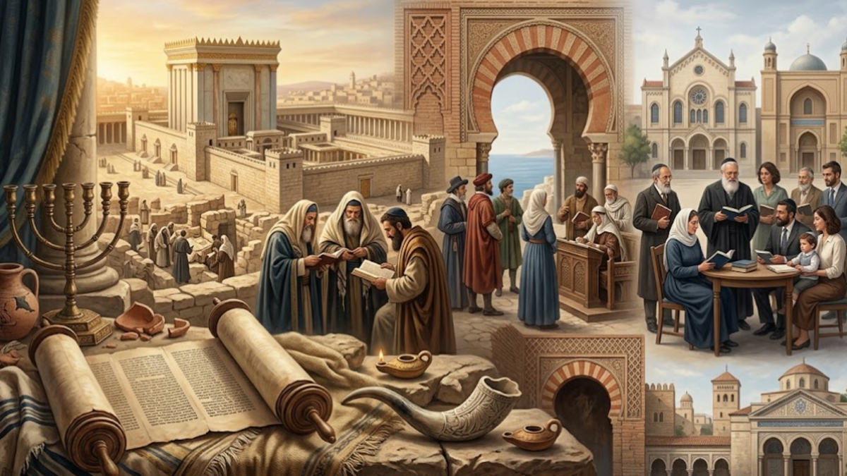 History of Judaism showing Jewish heritage, Torah scroll, menorah and ancient Jerusalem