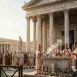 History of Roman Religion with priests performing a ritual at an ancient Roman temple