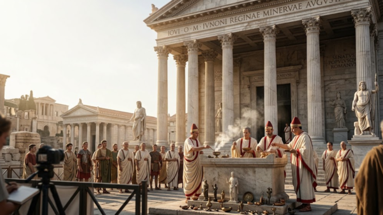 History of Roman Religion with priests performing a ritual at an ancient Roman temple