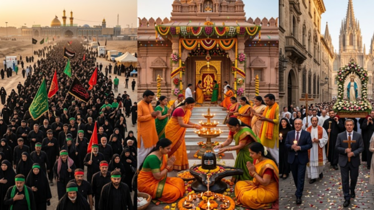 Religious Festivals Around the World showing Muslim, Hindu, and Christian worshippers participating in major religious celebrations.