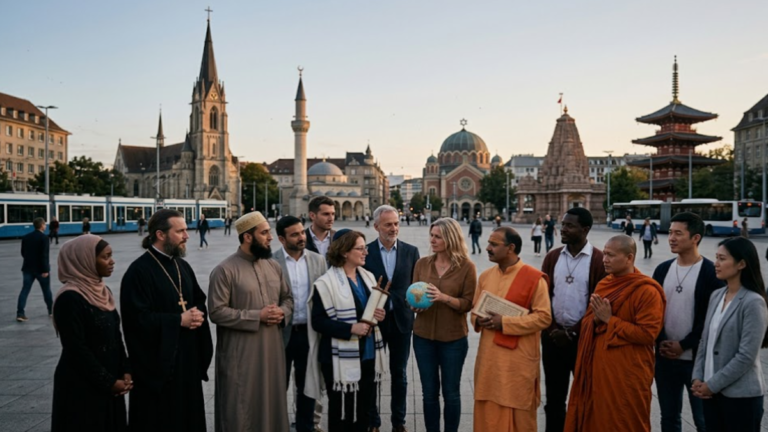Religious Freedom Around the World represented by people of different faiths standing together