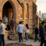 Young Australians gathering outside a Christian church amid growing interest in faith in Australia