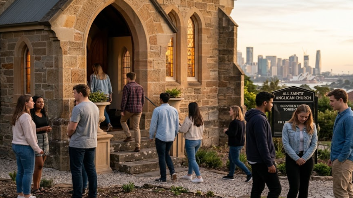 Young Australians gathering outside a Christian church amid growing interest in faith in Australia