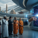 Diverse religious leaders contemplating an interactive artificial intelligence interface in a modern setting.