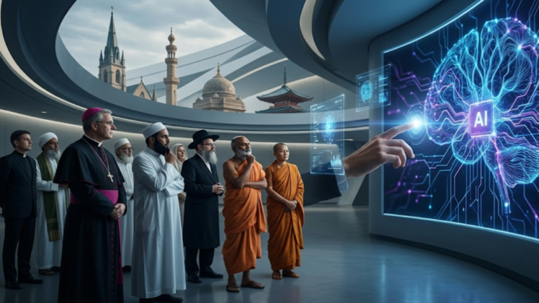 Diverse religious leaders contemplating an interactive artificial intelligence interface in a modern setting.