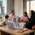 A modern family in Abu Dhabi sitting together in a living room while interacting with AI technology.