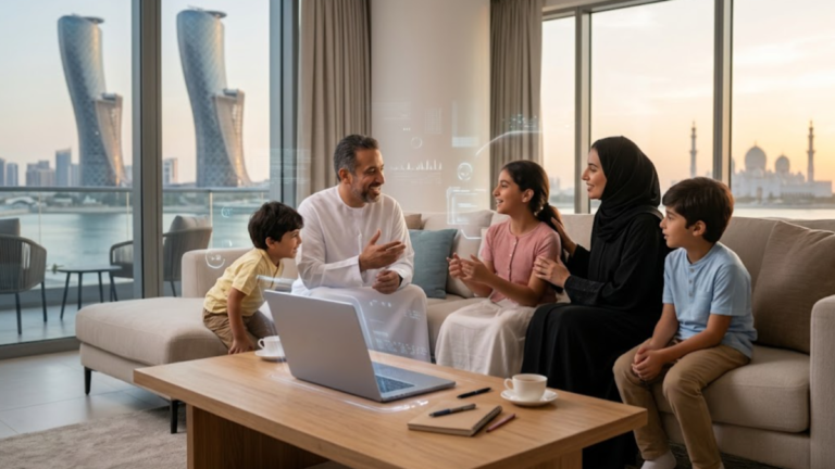 A modern family in Abu Dhabi sitting together in a living room while interacting with AI technology.