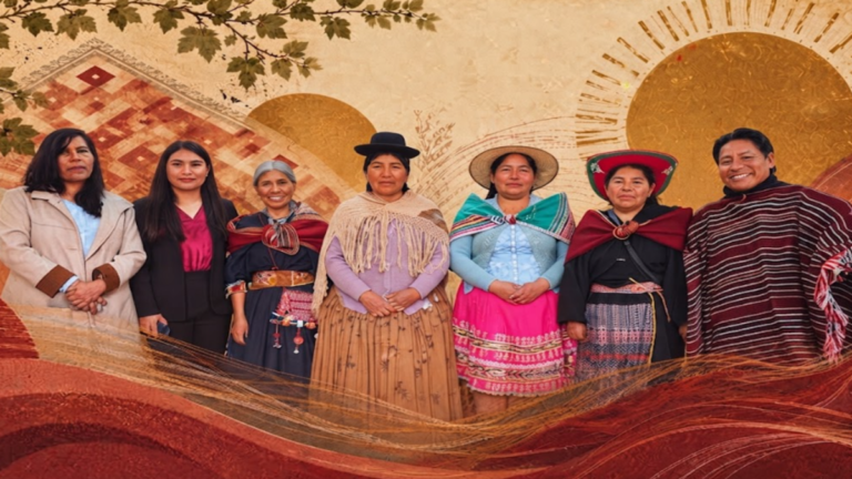 Indigenous Bolivian women discussing education and equality at a Weaving the Future forum