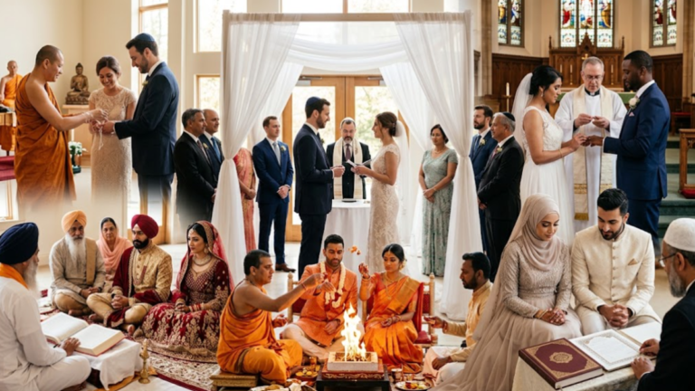 Marriage traditions in different religions including Hindu, Christian, Muslim, Jewish, Sikh and Buddhist weddings