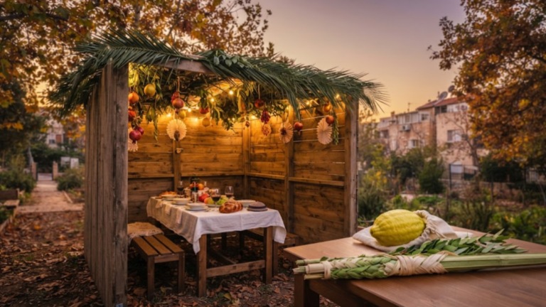 Sukkot 2026 sukkah decorated for the Jewish holiday with the Four Kinds