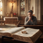 Catholic church interior with wedding rings and an open Bible, representing Catholic teachings on marriage and divorce.