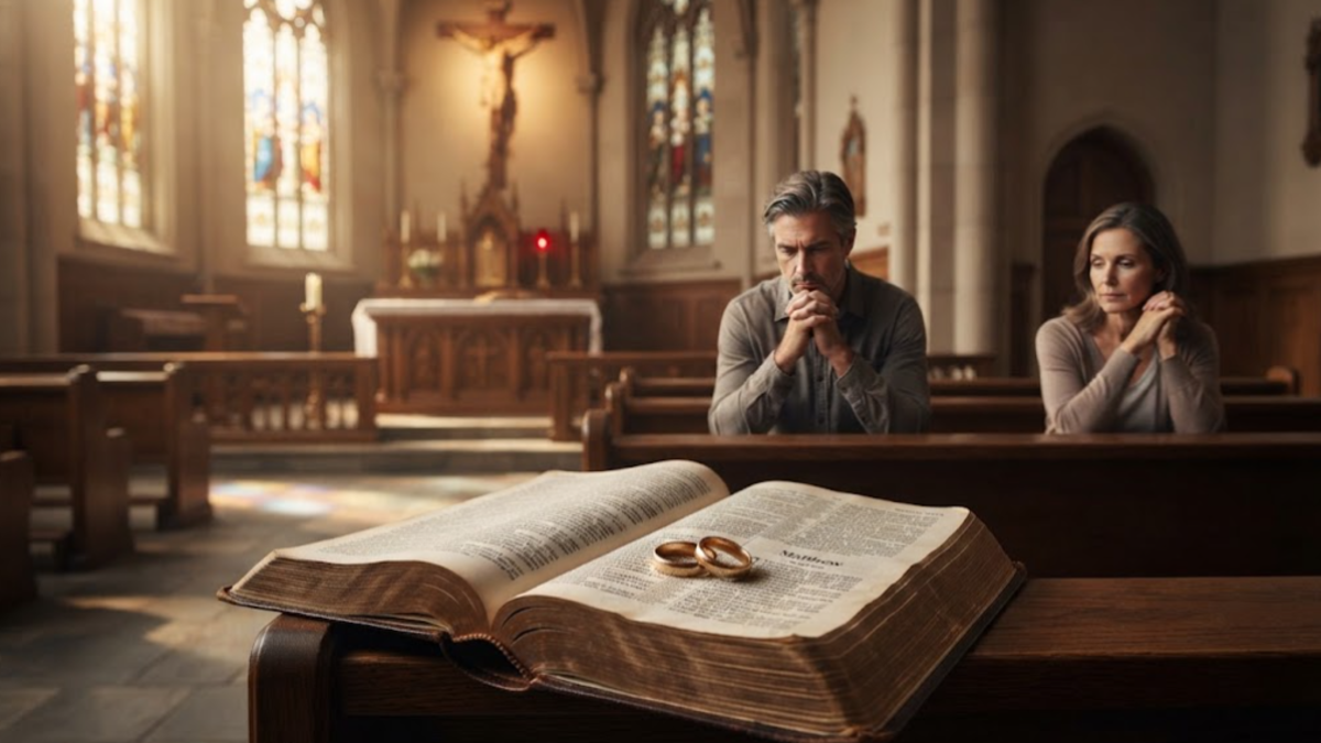 Catholic church interior with wedding rings and an open Bible, representing Catholic teachings on marriage and divorce.