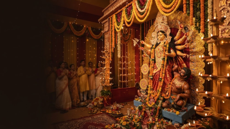 Navaratri 2026 celebration with Goddess Durga, diyas and traditional decorations