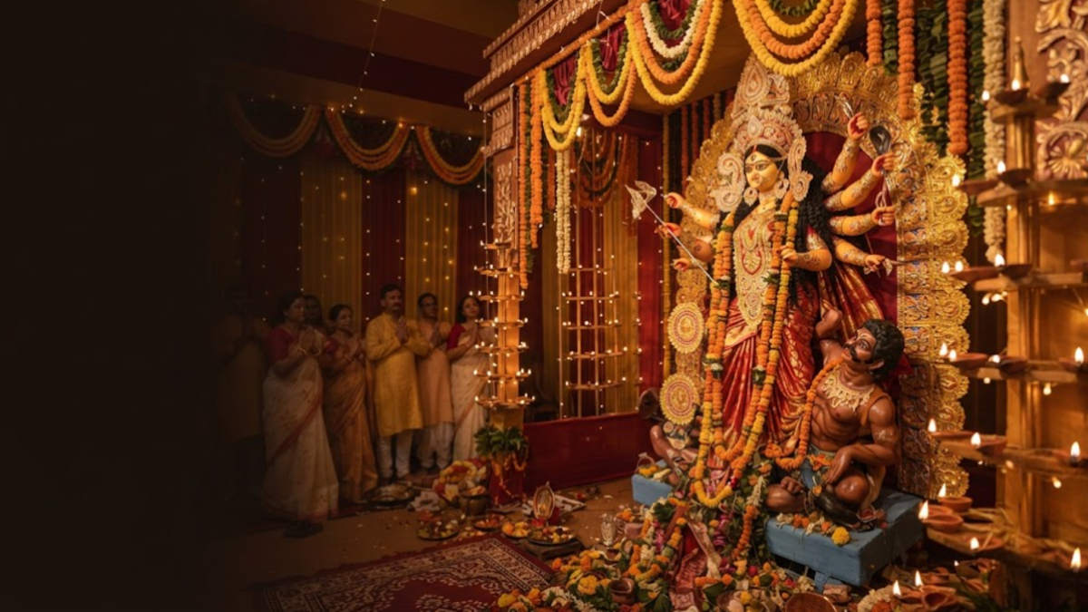 Navaratri 2026 celebration with Goddess Durga, diyas and traditional decorations
