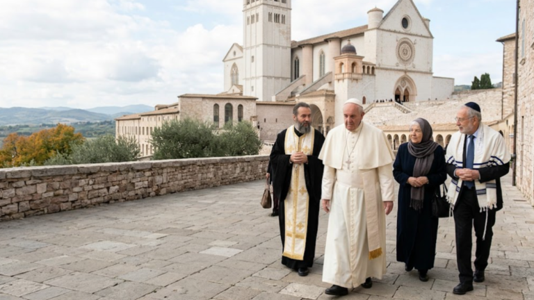 Pope Leo XIV and the Assisi Peace Gathering promoting interfaith dialogue and global peace.