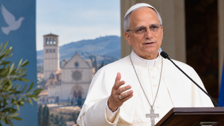 Pope Leo XIV speaking about religion, war, and peace at an interfaith gathering in Assisi.