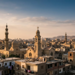 Coptic Christian church and mosque in Cairo, Egypt, illustrating religious diversity and minority rights.